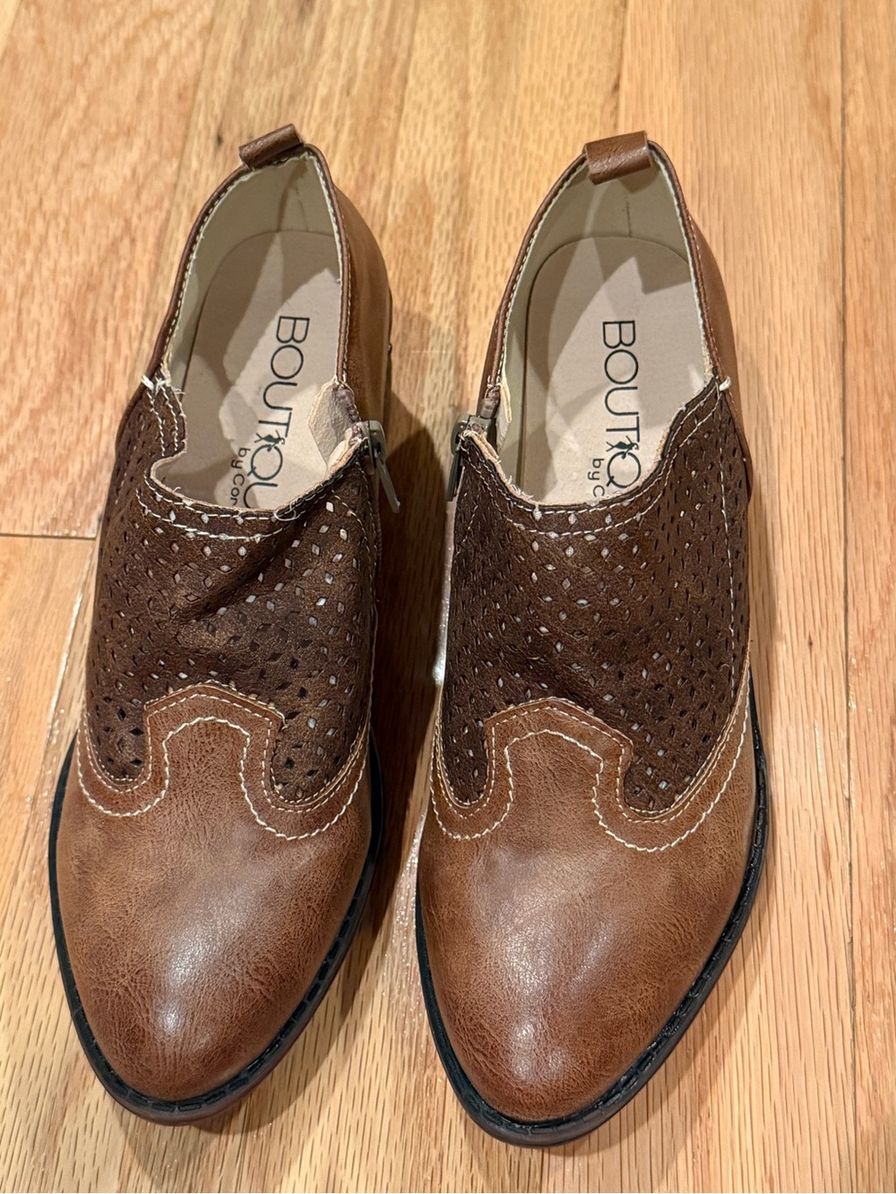 Brown Perforated Leather-Look Ankle Booties
